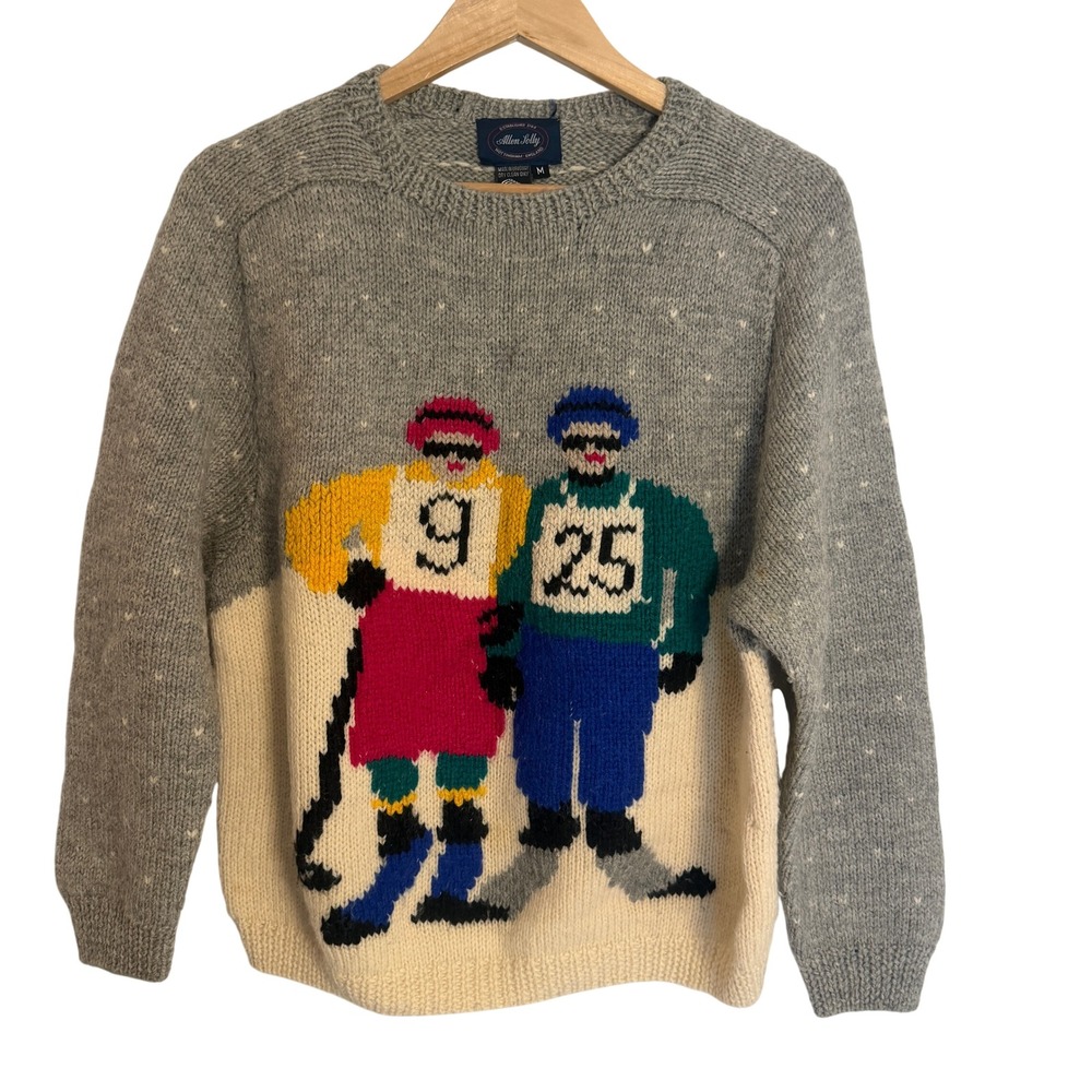 Allen Solly Ski Graphic Sweater Mens M Grey Good Vintage Wool Intarsia Knit